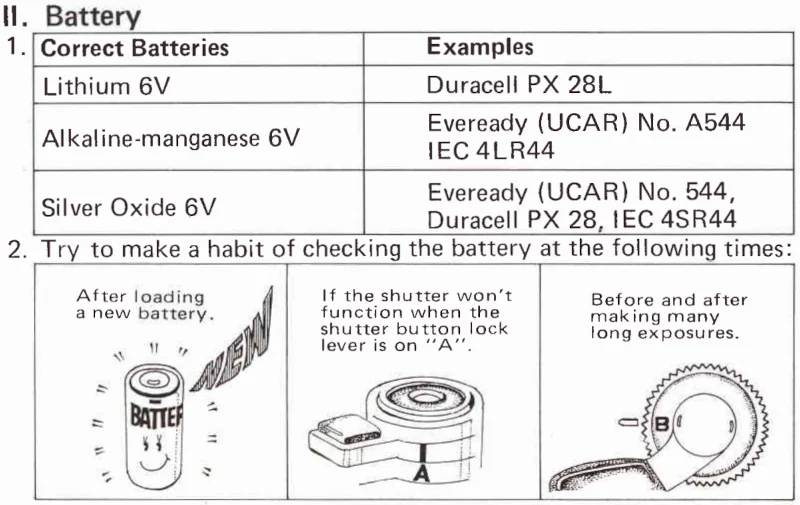 Compatible Canon AE-1 Batteries as listed in the official manual.