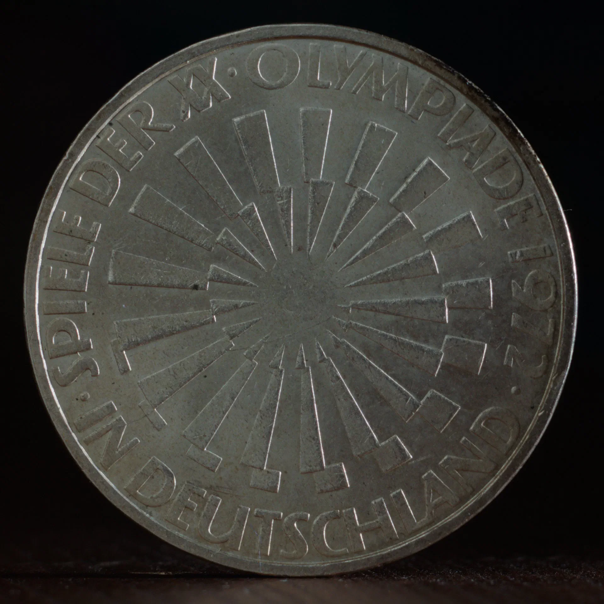 1972 Munich Olympics 10 Mark Coin – Mint Mark J (Hamburg) – Obverse Obverse of the 1972 Munich Olympics German 10 Mark silver coin struck at the Hamburg mint, identified by the J mint mark