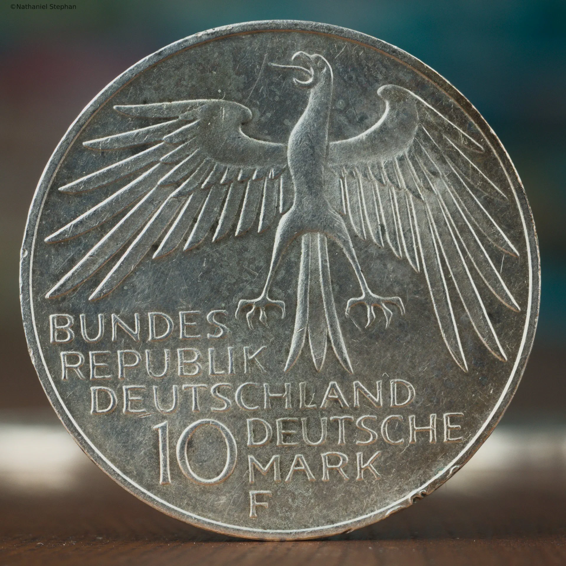 German 10 Mark Coin – 1972 Munich Olympics – Reverse Reverse of the German 10 Mark silver coin commemorating the 1972 Munich Olympics