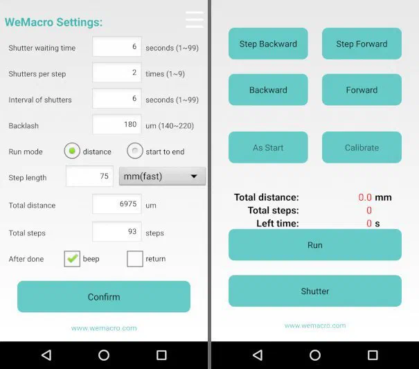 WeMacro Android App Screenshot showing Steps Timer Length and Distance