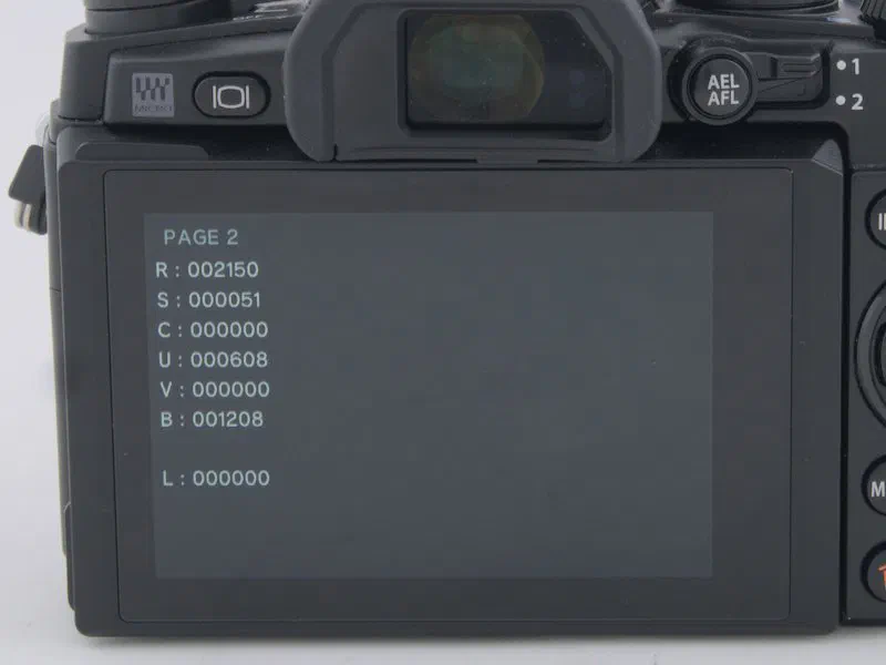 Shutter count, number of times the flash has fired, ultra sonic cleaner count Shutter count, number of times the flash has fired, ultra sonic cleaner count