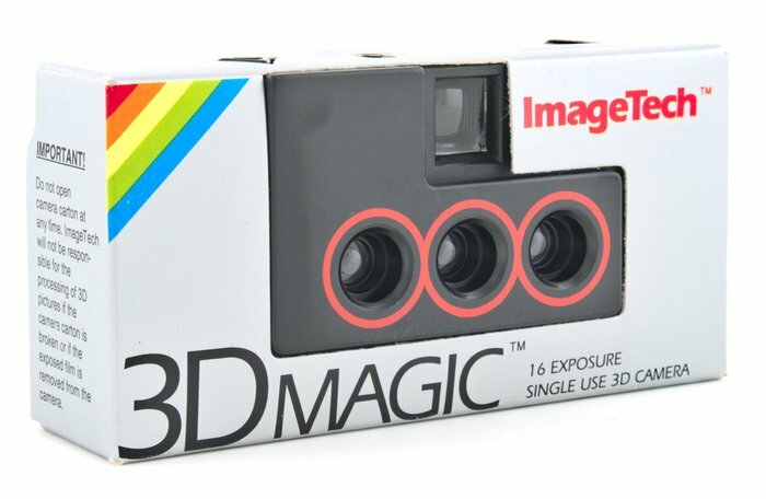 The ImageTech 3D Magic is a disposable camera from the 1990s. The most interesting feature are the three lenses. The images from the camera can be used to create 3D animated gifs.