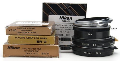 Nikon bellows macro accessories, BR-2, BR-2a, BR-3, BR-4, BR-5, and BR-6, add the ability to reverse lenses, close down lens apertures, and attach filters.