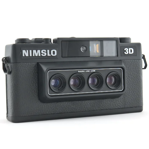 The Nimslo 3D camera is the original and still the best 4 lens camera. The Nimslo was designed to produce 3D lenticular prints. It uses 35mm film and the photos can be used to make animated 3D gifs.