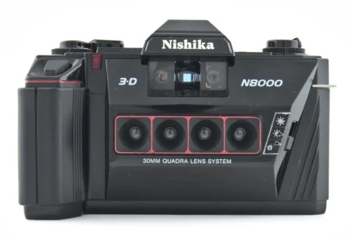 A product of the 1980's the Nishika N8000 sets itself apart with the quadrascopic lens design. The four lenses were needed to create 3D lenticular prints.